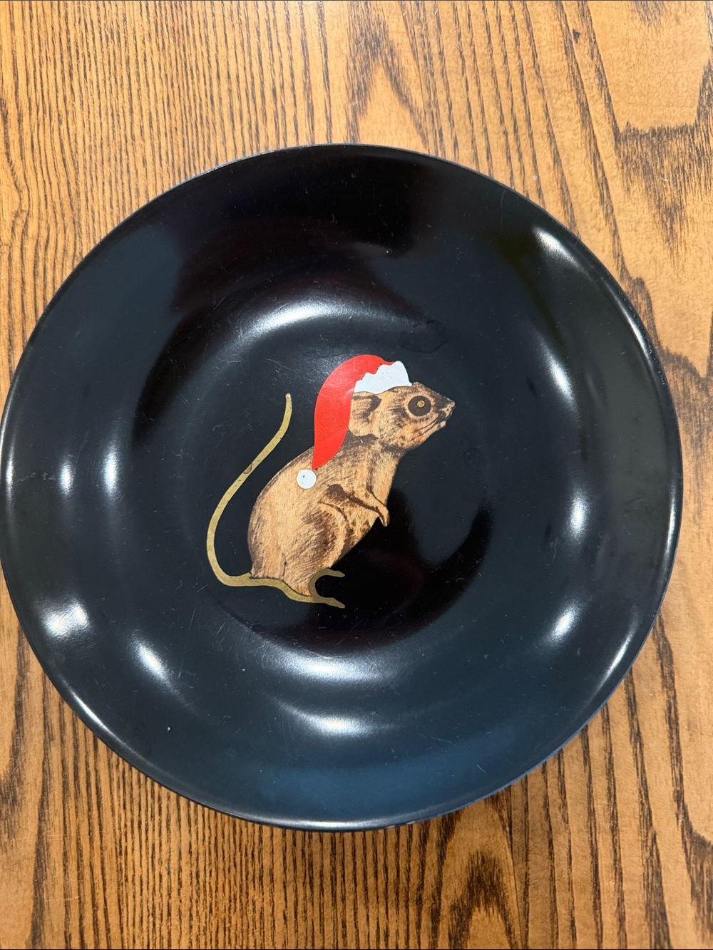 Vintage Couroc Christmas Mouse on Black Round Holiday bowl GUC Wood Metal